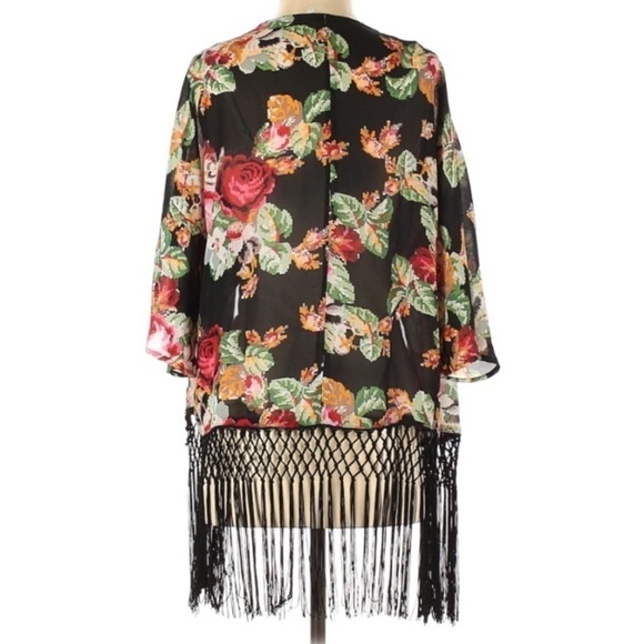 Quinn Digital Rose fringe hem open kimono cardigan small - Picture 7 of 8